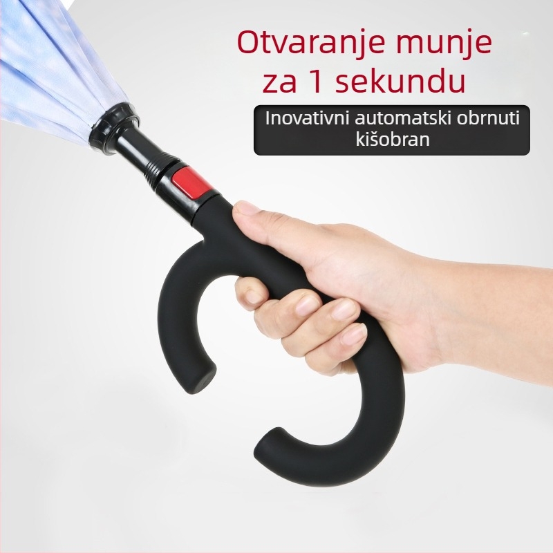Invertirani golf kišobran s automatskim otvaranjem, za montažu u automobil, okvir s 8 vlakana, drška u obliku C, tisak logotipa
