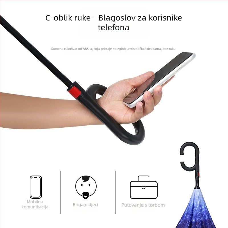 Invertirani golf kišobran s automatskim otvaranjem, za montažu u automobil, okvir s 8 vlakana, drška u obliku C, tisak logotipa