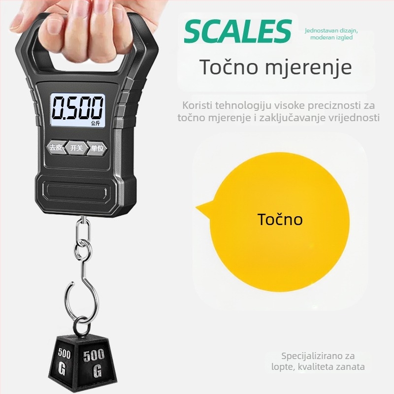 Prijenosna ručna vaga za prtljagu sa spiralnim mehanizmom, model T09, raspon mjerenja 10 g–50 kg, USB napajanje