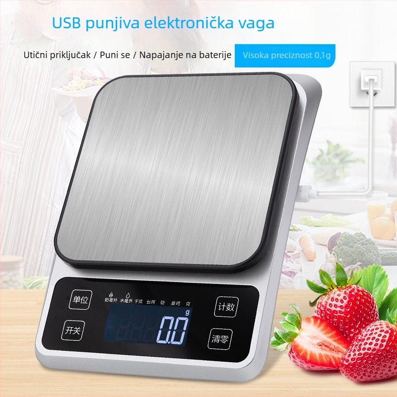 Kuhinjska vaga s punjivom baterijom od nehrđajućeg čelika, 0-10 kg, točnost 0,1 g, kompaktna digitalna vaga za hranu