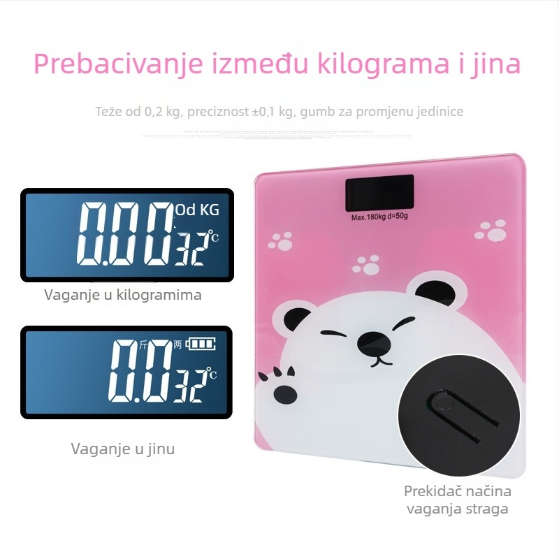Elektronička vaga za kućnu uporabu s Bluetooth mjerenjem tjelesne masnoće, karikatura dizajn, zdravstvena vaga
