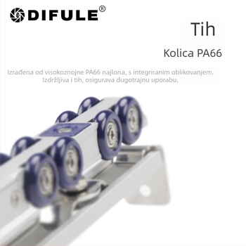 Dvostrano hidraulična kolotnica za klizna vrata (materijal: cinkova legura + najlon; debljina zida: 2 mm; promjer osovine: 10 mm; radijus žljeba za užad: 14 mm; nosivost: 60 kg)