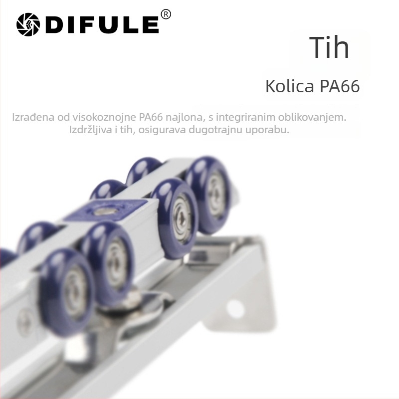 Dvostrano hidraulična kolotnica za klizna vrata (materijal: cinkova legura + najlon; debljina zida: 2 mm; promjer osovine: 10 mm; radijus žljeba za užad: 14 mm; nosivost: 60 kg)