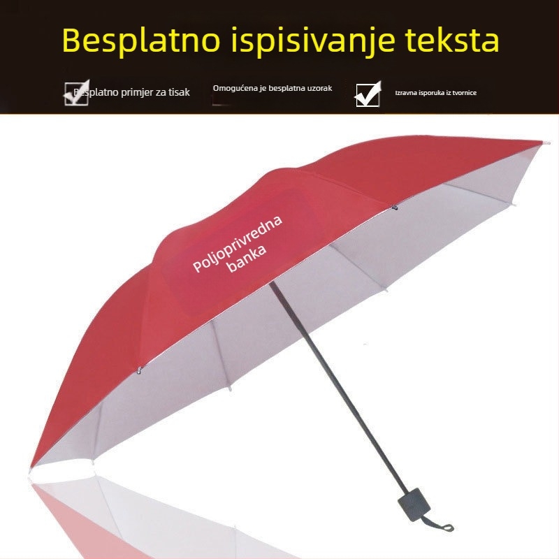Reklamni sklopivi kišobran s otiskom logotipa; okvir s 8 rebara; drška od željeza; središnja šipka od željeza; ručno otvaranje