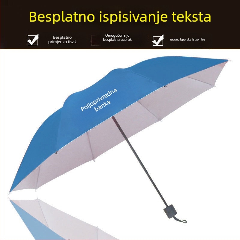Reklamni sklopivi kišobran s otiskom logotipa; okvir s 8 rebara; drška od željeza; središnja šipka od željeza; ručno otvaranje