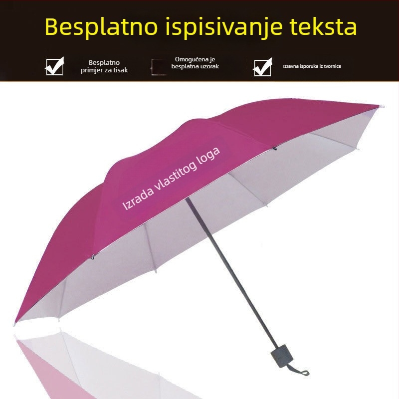 Reklamni sklopivi kišobran s otiskom logotipa; okvir s 8 rebara; drška od željeza; središnja šipka od željeza; ručno otvaranje