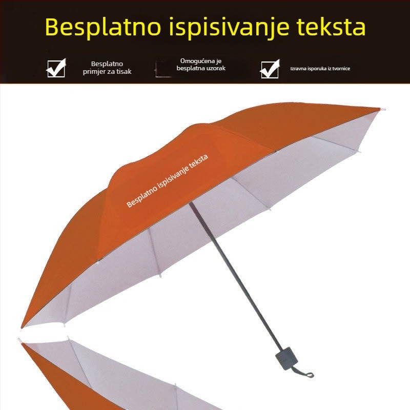 Reklamni sklopivi kišobran s otiskom logotipa; okvir s 8 rebara; drška od željeza; središnja šipka od željeza; ručno otvaranje