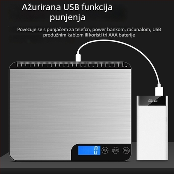 Yuedi K-28 kuhinjska vaga, elektronička, raspon mjerenja 3 g–20 kg, napajanje: punjenje/priključak na mrežu/baterija