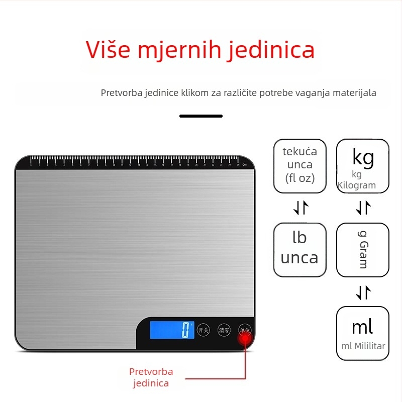 Yuedi K-28 kuhinjska vaga, elektronička, raspon mjerenja 3 g–20 kg, napajanje: punjenje/priključak na mrežu/baterija