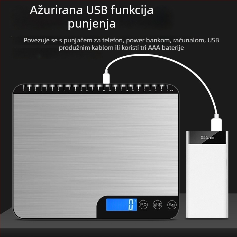 Yuedi K-28 kuhinjska vaga, elektronička, raspon mjerenja 3 g–20 kg, napajanje: punjenje/priključak na mrežu/baterija