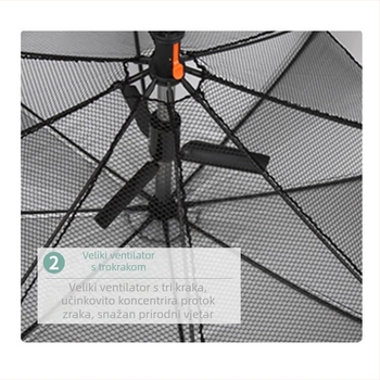 Golf kišobran s ugrađenim USB ventilatorom, 8 rebara od vlaknastog materijala, aluminijski štap, radijus 64,5 cm, mogućnost prilagođenog logotipa