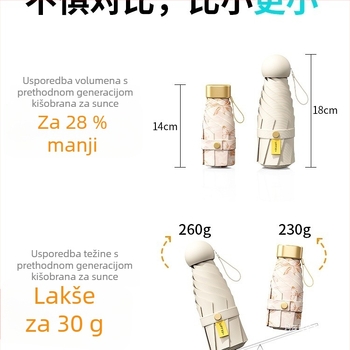 Sklopivi sunčani kišobran s UV zaštitom UPF 30+, 6 bakrenih kraka, ručka od legure, kompaktan kapsularni dizajn za djecu