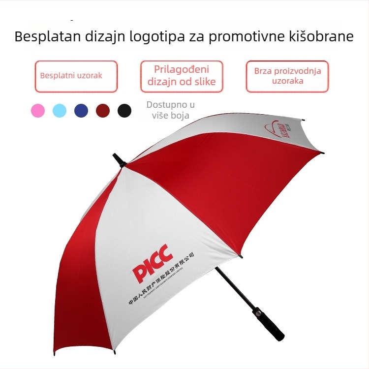Golf kišobran s dugom ravnom drškom, 8 rebara, poluautomatsko otvaranje, promjer krova 110–122 cm, prilagođena tisk loga