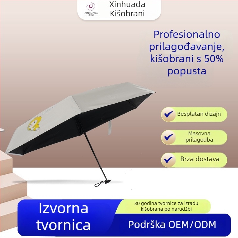 Ručni kišobran s 6 rebara, 5-dijelni sklop, debeli vinil, UV zaštita, kompaktan i prijenosan, za sunce i kišu