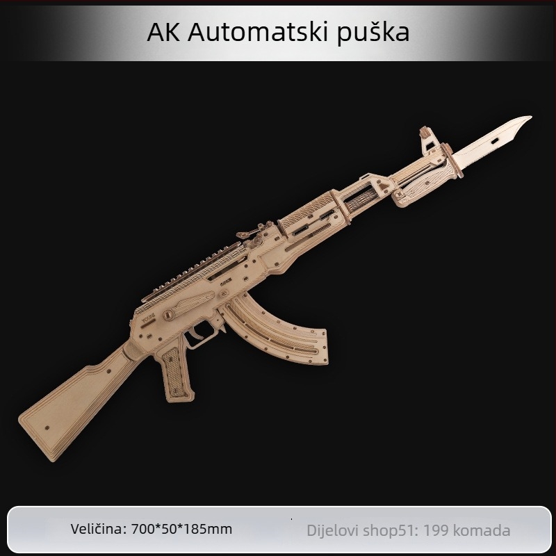 Drveni AK-47 3D puzzle za slaganje – DIY model (drvo, 3D puzzle, DIY-friendly, prilagodba dostupna, za uzrast 14+)