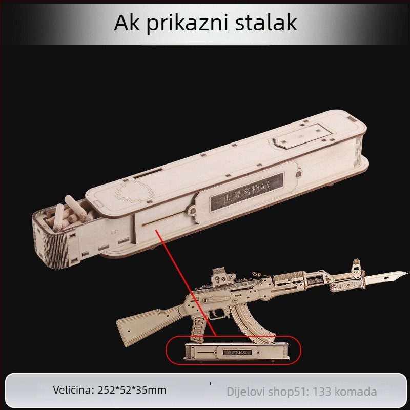 Drveni AK-47 3D puzzle za slaganje – DIY model (drvo, 3D puzzle, DIY-friendly, prilagodba dostupna, za uzrast 14+)