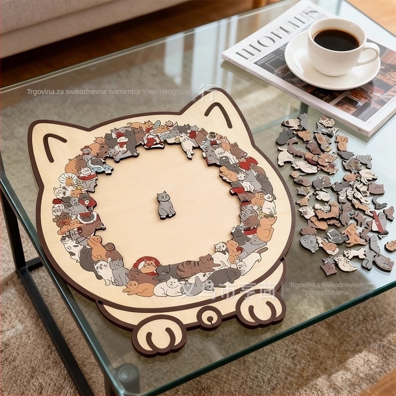 Drveni puzzle s mačkom – za početnike, DIY kompatibilan, plosni puzzle, za uzrast 7–14 godina