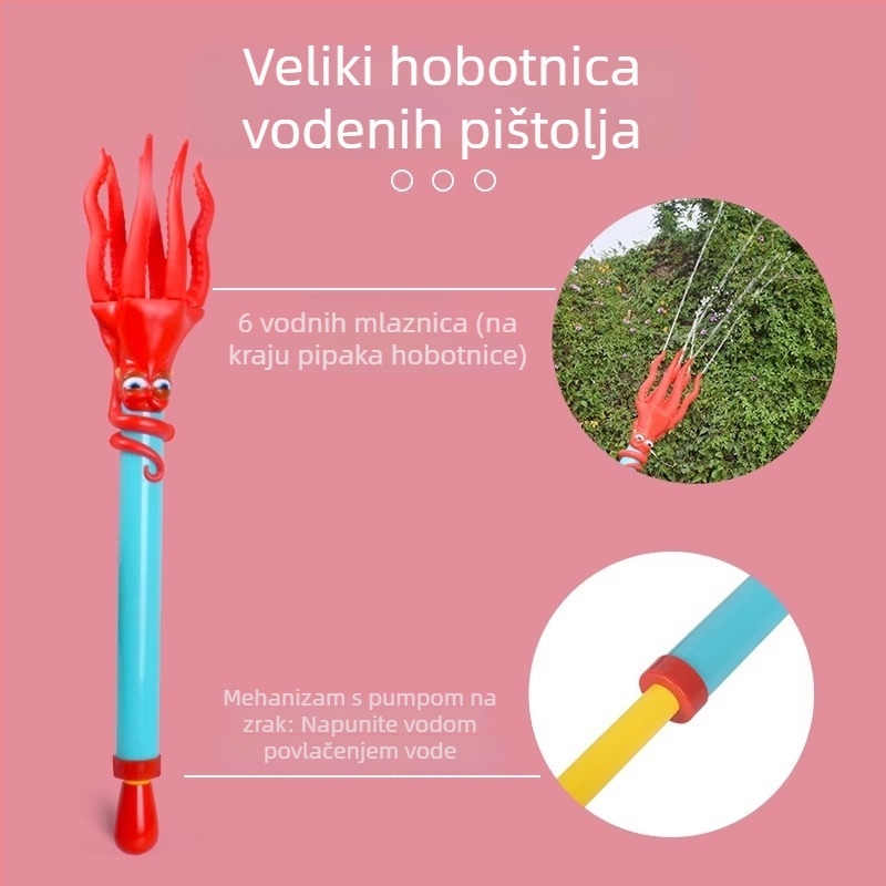Pistolj za vodu s oblikom hobotnice za djecu 4–6 godina – plastična igračka, raspršivanje vode, vučni mehanizam, plaža igračka