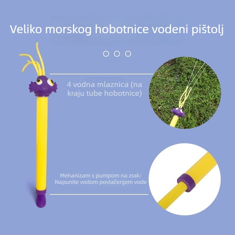 Pistolj za vodu s oblikom hobotnice za djecu 4–6 godina – plastična igračka, raspršivanje vode, vučni mehanizam, plaža igračka