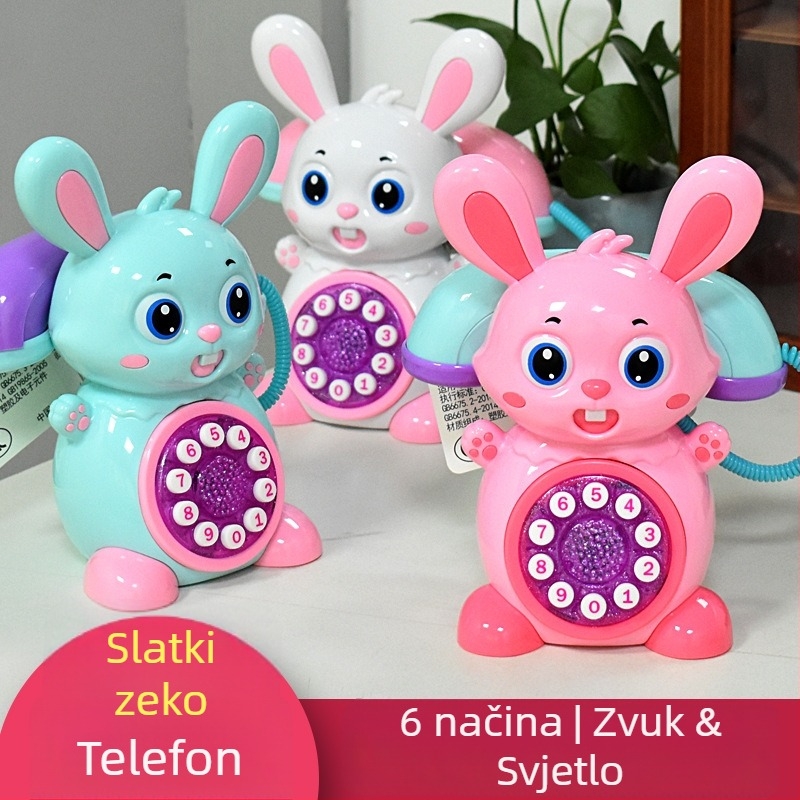 Mali crtani zeko muzički telefon – edukativna igračka s 6 načina, svijetla glazba, simulacija analognog telefona, plastična, za djecu 4–6 godina