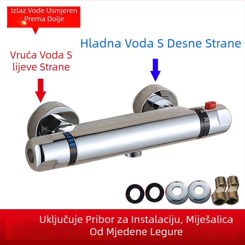 Tuš slavina s termostatskim miješanjem, kompatibilna sa solarnim grijačem vode; model ZC-812, tijelo od mesinga, kromirana površina, termostatsko jezgro ventila, 20-50°C