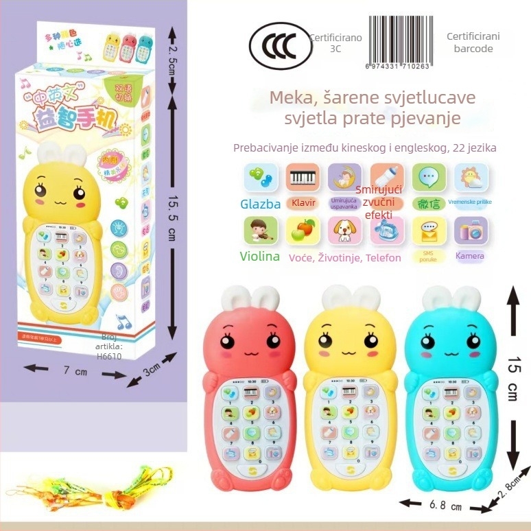 Edukativni dječji telefon-igračica s dvojezičnim učenjem, glazbom i interaktivnim pričama; plastično kućište, baterijsko napajanje, za djecu od 4 do 6 godina