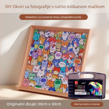 Drveni DIY 3D puzzle s foto okvirom – neobični oblici blokova, ručno oslikan motiv mačke, za djecu 4–6 godina.