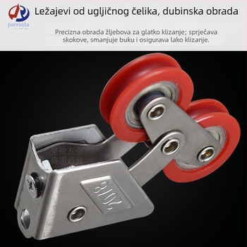 Dvostruka kolotura za prozore i klizna vrata, teškog tipa — model 2078/2008/888; vanjski promjer kolotka 8/28 mm; promjer osovine 16 mm; nosivost 56 kg; materijal: nehrđajući čelični okvir / najlonska kotač
