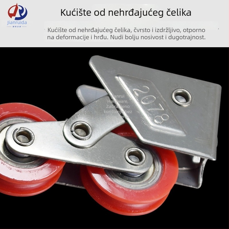 Dvostruka kolotura za prozore i klizna vrata, teškog tipa — model 2078/2008/888; vanjski promjer kolotka 8/28 mm; promjer osovine 16 mm; nosivost 56 kg; materijal: nehrđajući čelični okvir / najlonska kotač