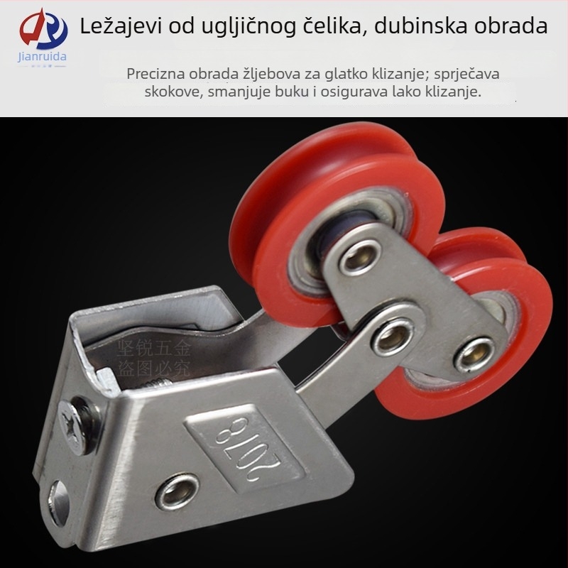 Dvostruka kolotura za prozore i klizna vrata, teškog tipa — model 2078/2008/888; vanjski promjer kolotka 8/28 mm; promjer osovine 16 mm; nosivost 56 kg; materijal: nehrđajući čelični okvir / najlonska kotač