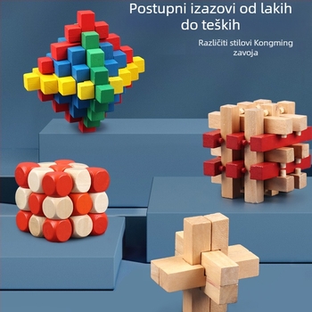 Drveni Luban Lock / Kong Ming Lock – puzzle za otvaranje brava, deset razina visoke težine, devetčlani prsten, za uzrast 7–14 godina
