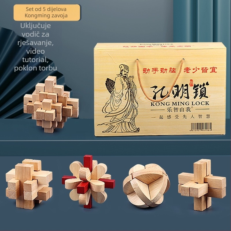 Drveni Luban Lock / Kong Ming Lock – puzzle za otvaranje brava, deset razina visoke težine, devetčlani prsten, za uzrast 7–14 godina