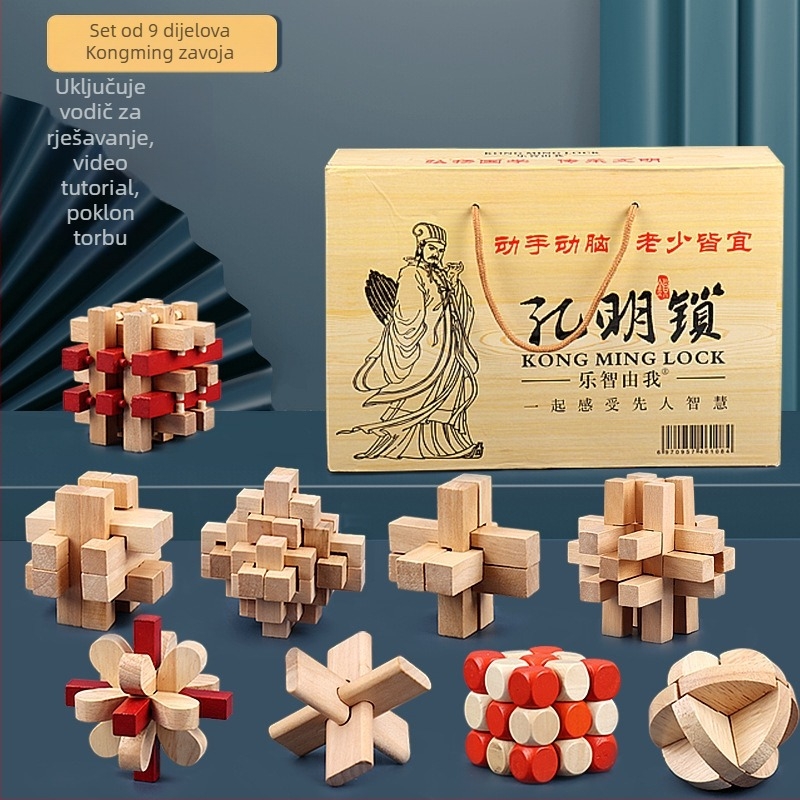 Drveni Luban Lock / Kong Ming Lock – puzzle za otvaranje brava, deset razina visoke težine, devetčlani prsten, za uzrast 7–14 godina