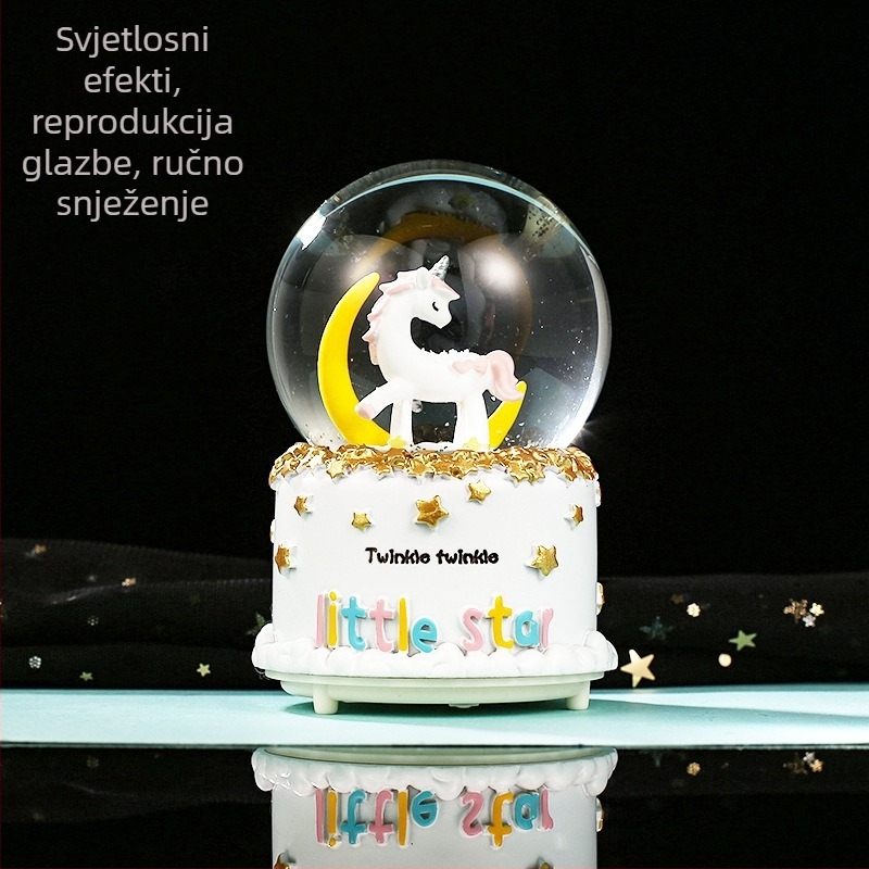Glazbena kutija Moon Rainbow Series, svjetleća kugla od kristala u obliku pahulje s jednorogom, bojana smola, crtani stil