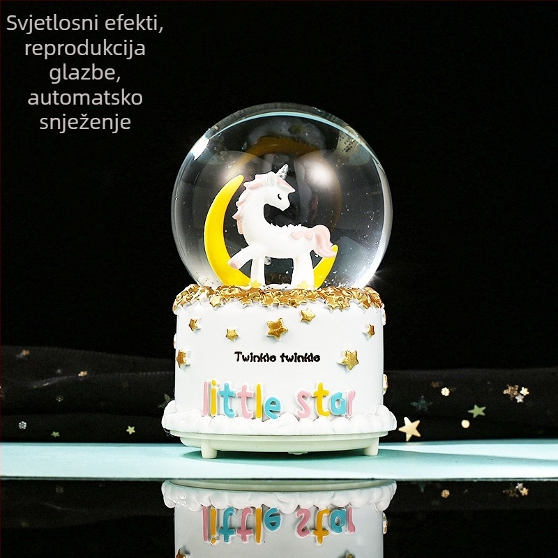 Glazbena kutija Moon Rainbow Series, svjetleća kugla od kristala u obliku pahulje s jednorogom, bojana smola, crtani stil