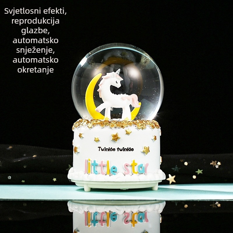 Glazbena kutija Moon Rainbow Series, svjetleća kugla od kristala u obliku pahulje s jednorogom, bojana smola, crtani stil