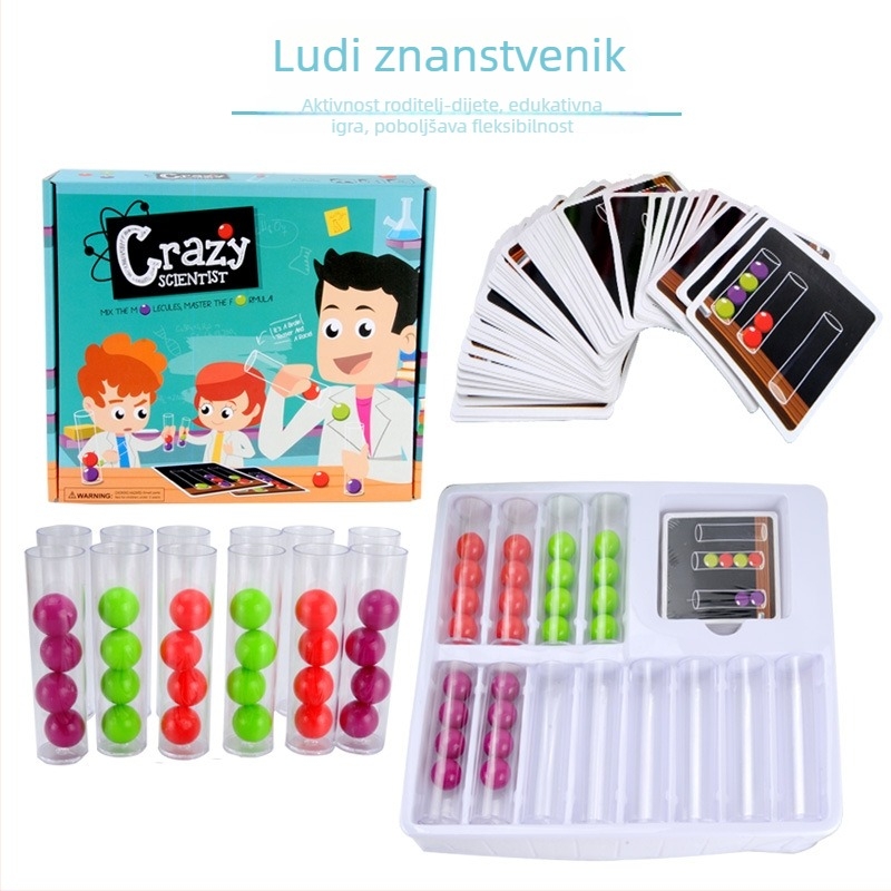 Društvena igra: Ludi znanstvenik – igra s probnim cijevima za djecu 7–14 godina, materijal plastika i origami, društvena igra/kartice, razvija prepoznavanje i koordinaciju ruka-oko (šarena kutija)