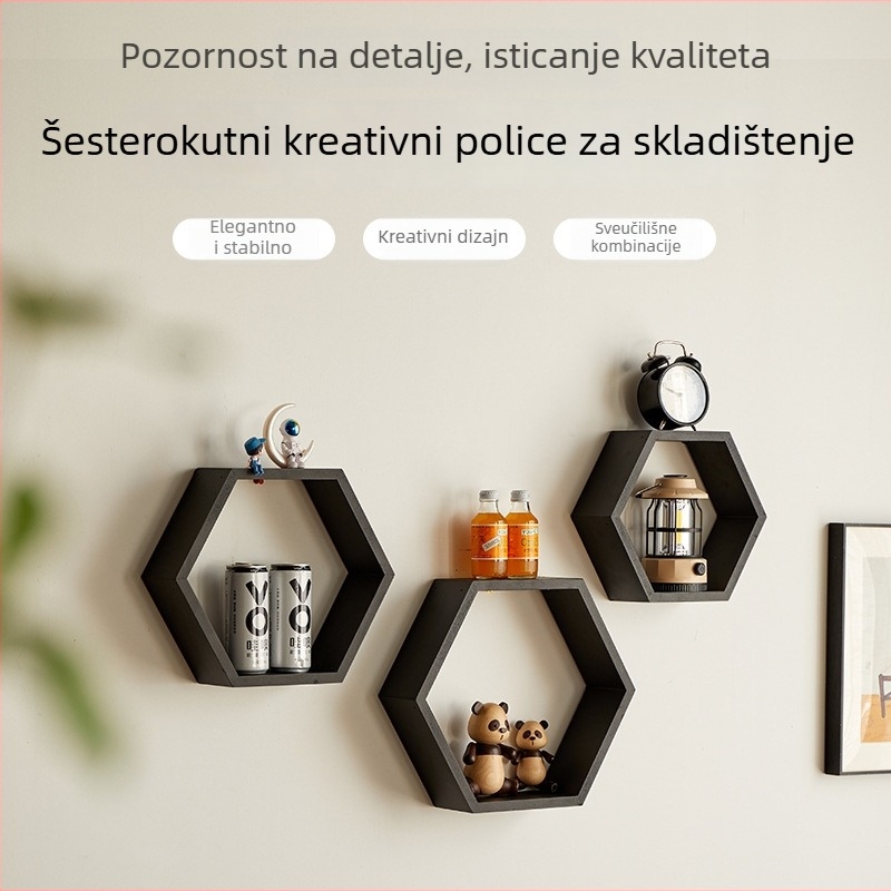 Hexagonalni zidni polic od drveta i bambusa, 1 razina, moderni minimalistički dizajn, pričvršćivanje vijcima, višenamjensko skladištenje
