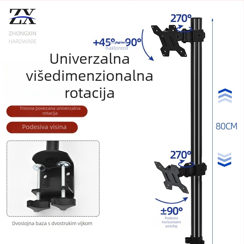 ZX-MT028 Dvostruki nosač monitora za stolni monitor, s klipsom, rotirajući, od željeza, 4 kg