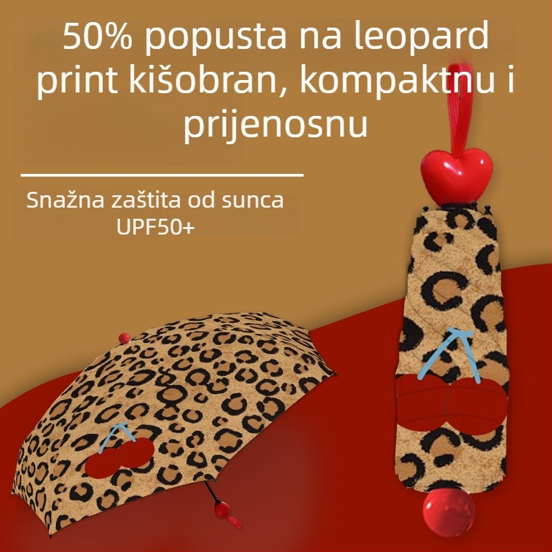Dječji kišobran s Cherry Leopard otiskom, sunčani kišobran s 8 rebara, ručno otvaranje i zatvaranje, UPF iznad 50, poliester 190T