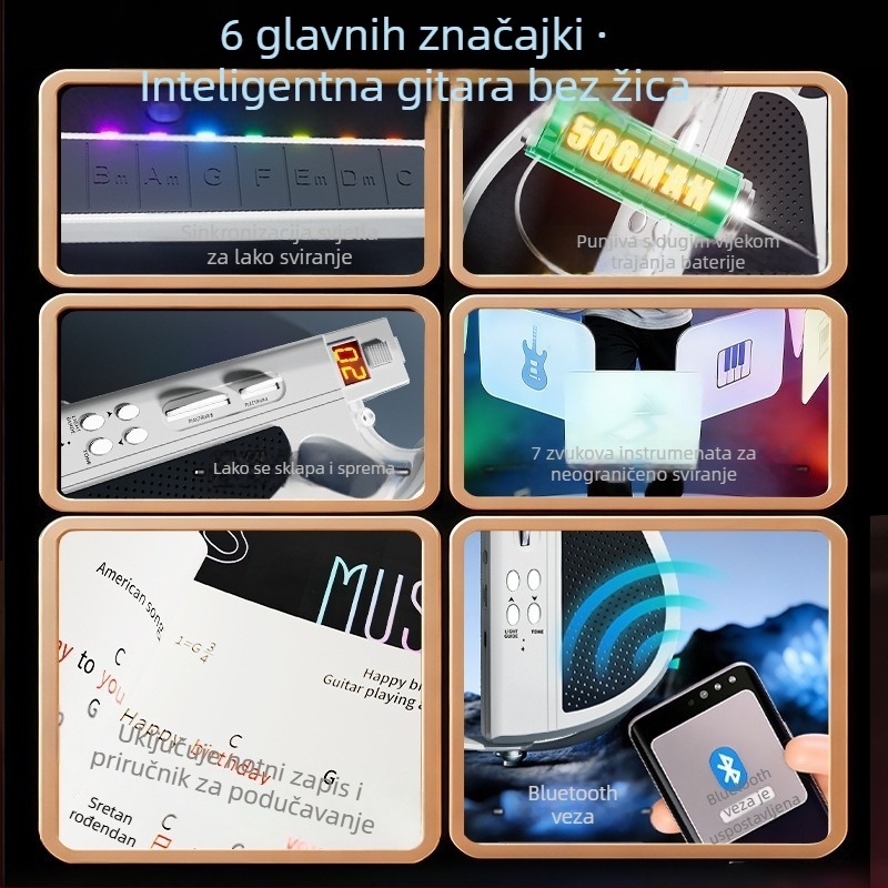 Električna gitara s inteligentnim pratnjom i automatskim akordiranjem za djecu, ABS, model ES200-1, pakiranje u šarenoj kutiji, uzrast 7–14 godina