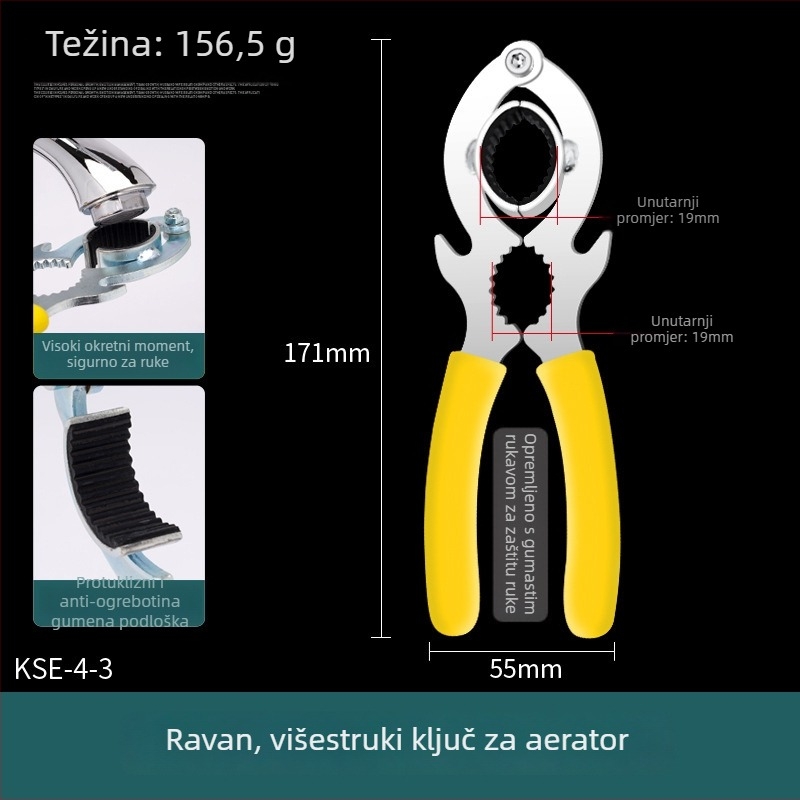 Višenamjenski ključ aeratora slavine – alat za demontažu filtra, odvijač za otpuštanje izlijeva kuhinjskog sudopera, karbonska čelika / cink legura