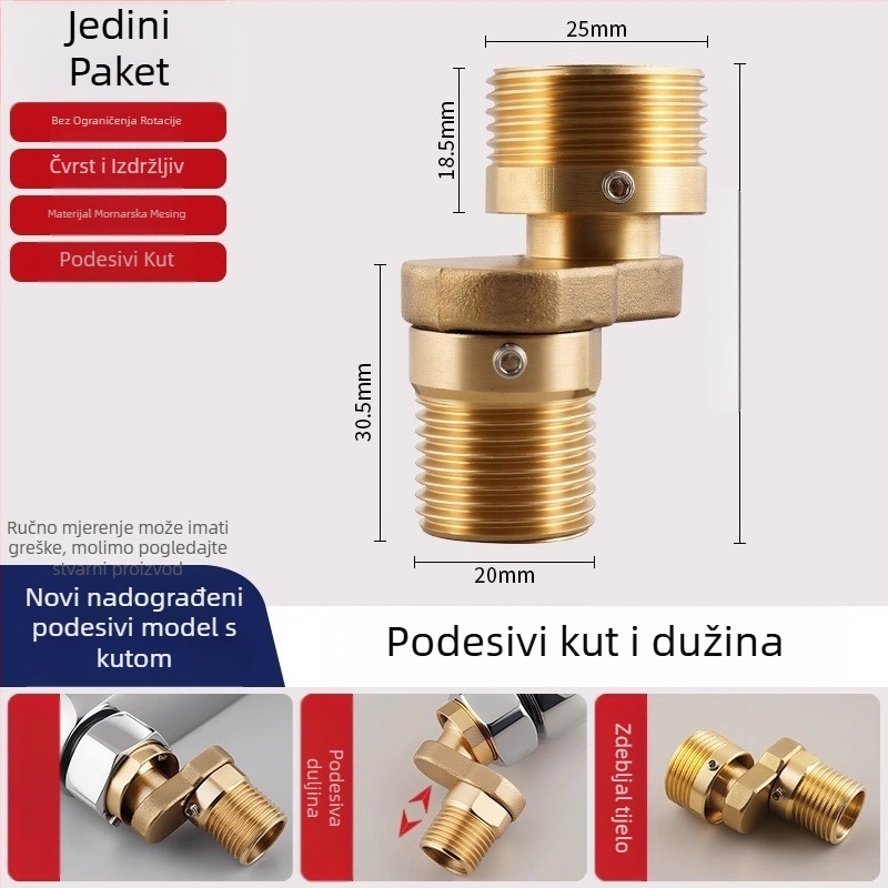 Bakrena tuš slavina s podesivim ekscentričnim kutem i promjenljivim promjerom zavojne miješalice, nagnuti spoj