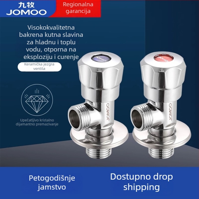 Jomoo kutni ventil, bakreno tijelo, jedan ulaz, dva izlaza, za hladnu i toplu vodu, zidni priključak, unutarnji promjer 4 mm, radni tlak 100, model 74097-156