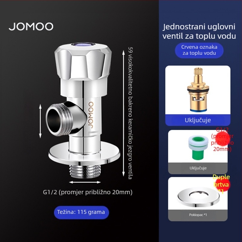 Jomoo kutni ventil, bakreno tijelo, jedan ulaz, dva izlaza, za hladnu i toplu vodu, zidni priključak, unutarnji promjer 4 mm, radni tlak 100, model 74097-156
