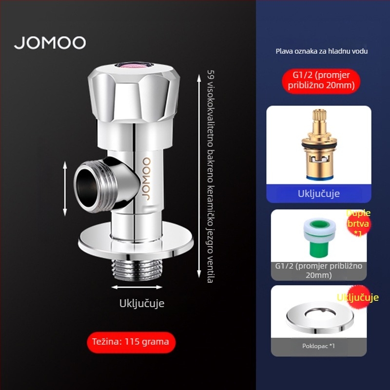 Jomoo kutni ventil, bakreno tijelo, jedan ulaz, dva izlaza, za hladnu i toplu vodu, zidni priključak, unutarnji promjer 4 mm, radni tlak 100, model 74097-156