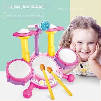 Dječji bubnjarski set s glazbom i osvjetljenjem (plastični materijal; za uzrast 4–6 godina; edukativna igračka; zapadni udarni instrumenti)