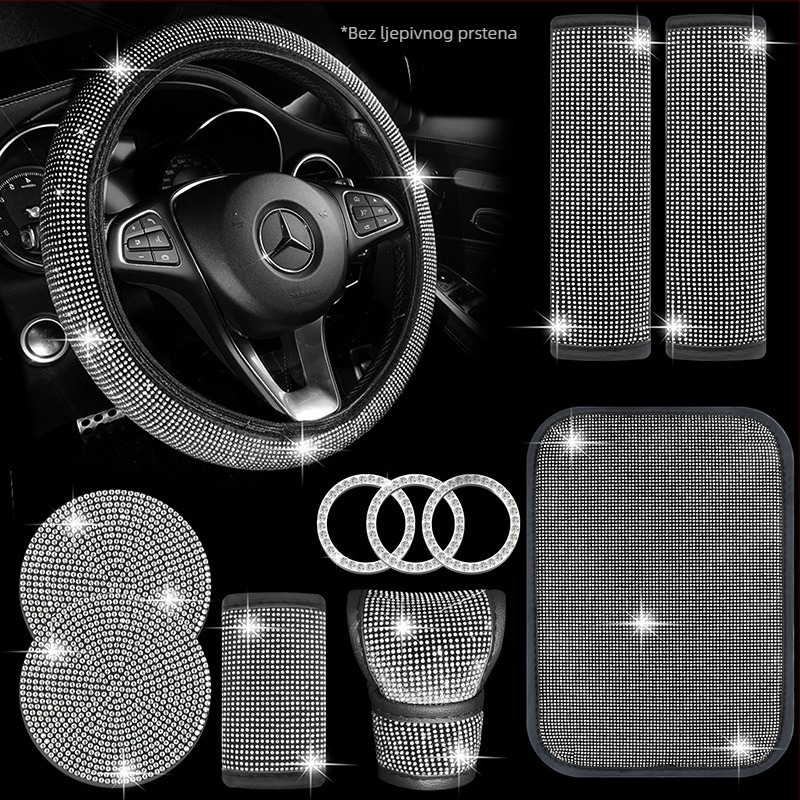 Set unutrašnjosti automobila s kristalima: navlaka ručice mjenjača s kristalima; navlaka volana s kristalima; podmetač za čaše s kristalima; jastučići za rameni kaiš (Brand: Further 2; Model: B000512; Materijal: PU)