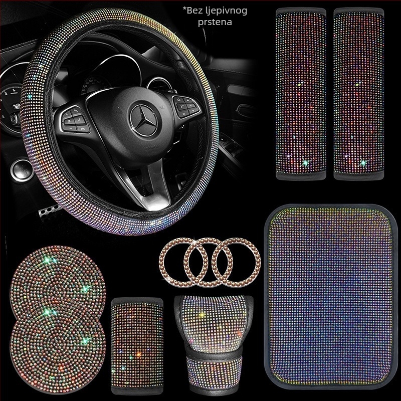 Set unutrašnjosti automobila s kristalima: navlaka ručice mjenjača s kristalima; navlaka volana s kristalima; podmetač za čaše s kristalima; jastučići za rameni kaiš (Brand: Further 2; Model: B000512; Materijal: PU)