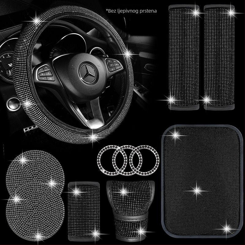 Set unutrašnjosti automobila s kristalima: navlaka ručice mjenjača s kristalima; navlaka volana s kristalima; podmetač za čaše s kristalima; jastučići za rameni kaiš (Brand: Further 2; Model: B000512; Materijal: PU)